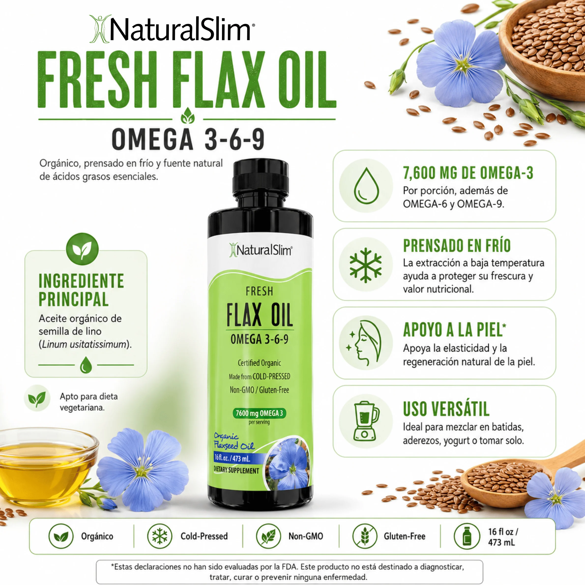 Flax Oil | Aceite de Lino con Omega 3-6-9 - 7,600 mg de ácidos grasos OMEGA-3 por porción - Image 3